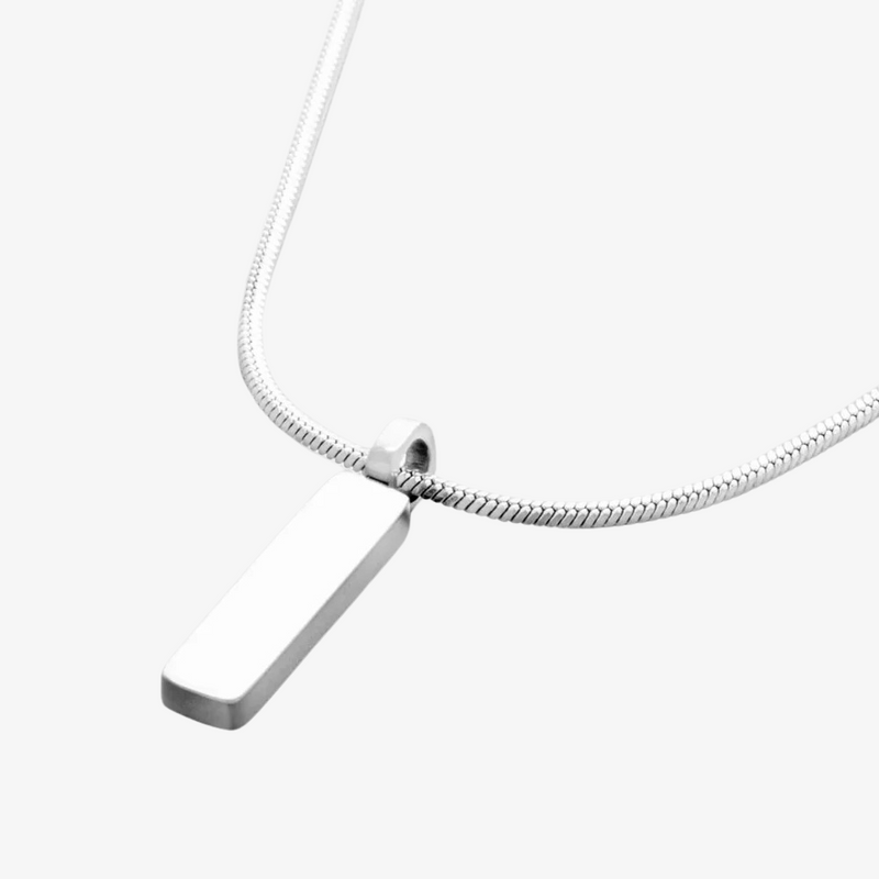 Sophisticated men's white gold tone bar pendant necklace. Minimalist stainless steel jewelry design.