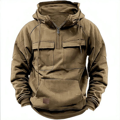 Men's quarter-zip hoodie with cargo pockets & oversized hood. Comfortable, stylish urban casual wear.