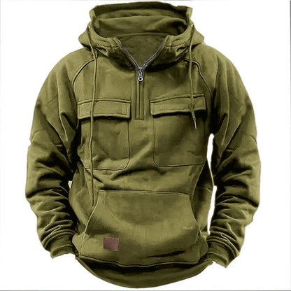 Urban style men's quarter-zip hoodie. Comfortable casual apparel with a modern fit & versatile design.