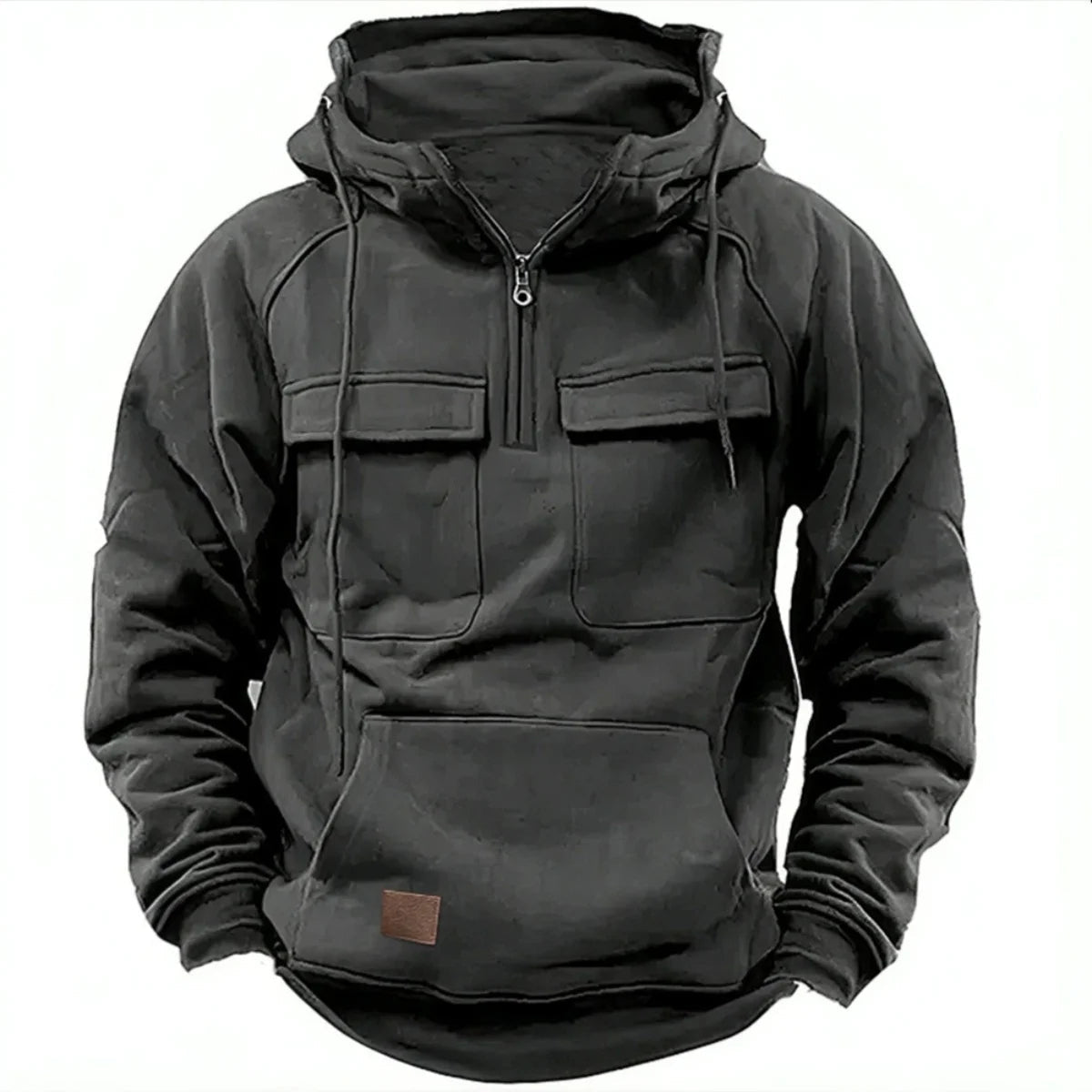 Detail view of Men's Mission Quarter-Zip Hoodie, highlighting cargo pockets and comfortable fabric.