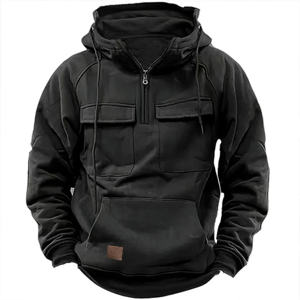 Stylish men's quarter-zip hoodie. Urban comfort, oversized hood, modern design for men's casual wear.