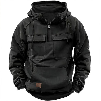 Stylish men's quarter-zip hoodie. Urban comfort, oversized hood, modern design for men's casual wear.