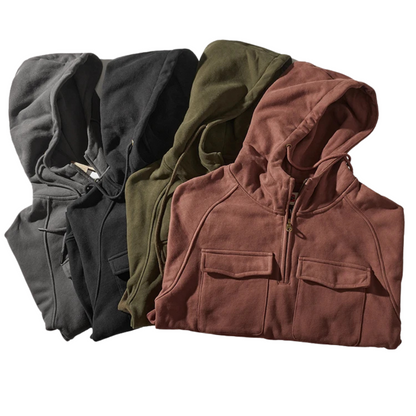Men's Mission Quarter-Zip Hoodie: urban style, oversized hood, cargo pockets & comfort for casual wear.