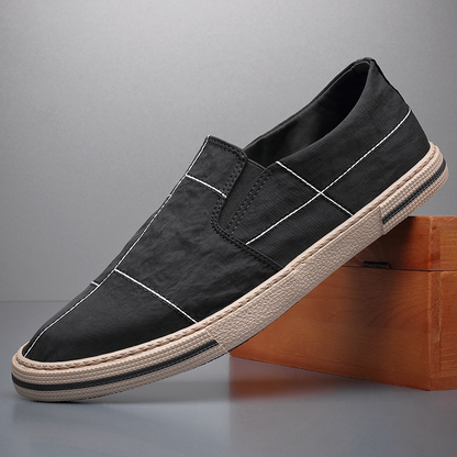 Modern art inspired men's slip-on shoes, breathable, comfortable, casual style.