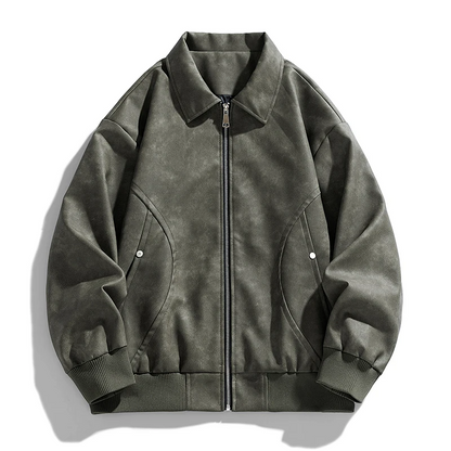 Sleek men's bomber jacket laid flat, displaying its modern design and tailored fit. Ideal casual outerwear for men.