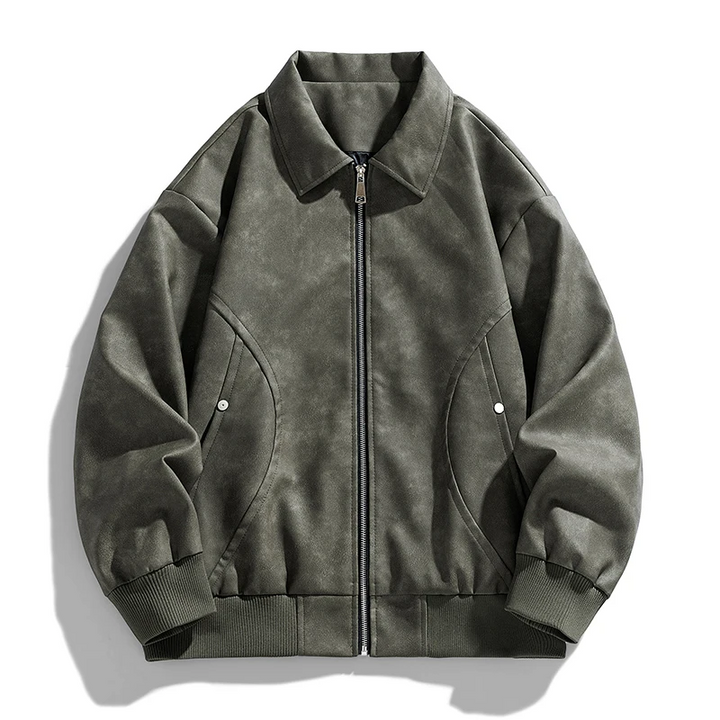 Sleek men's bomber jacket laid flat, displaying its modern design and tailored fit. Ideal casual outerwear for men.