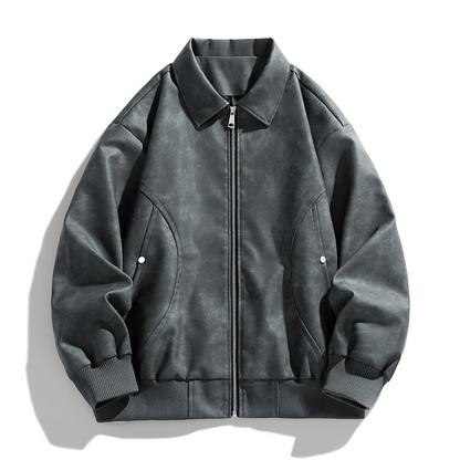 Back view of a man wearing a modern men's bomber jacket, showcasing its sleek silhouette and tailored fit.