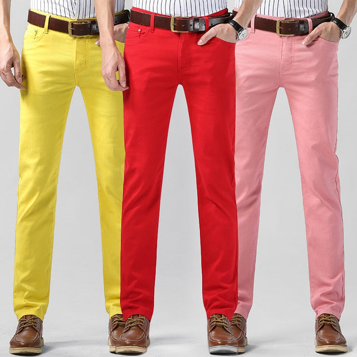Men's modern fit colored trousers, cotton blend, perfect for all-season smart casual wear.