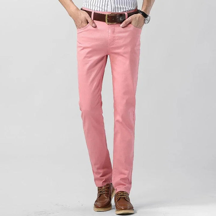 Men's yellow colored trousers, modern fit, all-season comfort cotton blend, great for smart casual style.