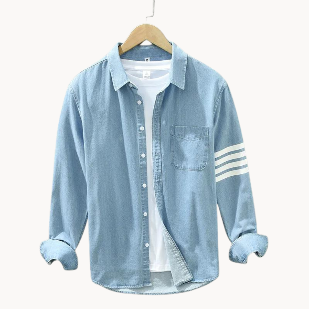 Blue men's modern fit button-up shirt. Long-sleeve casual top, perfect for everyday or smart casual layering.