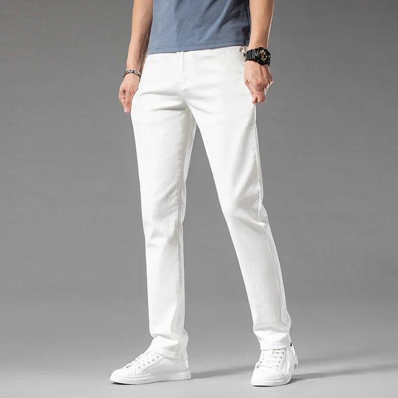 Stylish blue men's modern fit stretch jeans, a versatile denim essential for men's casual fashion.
