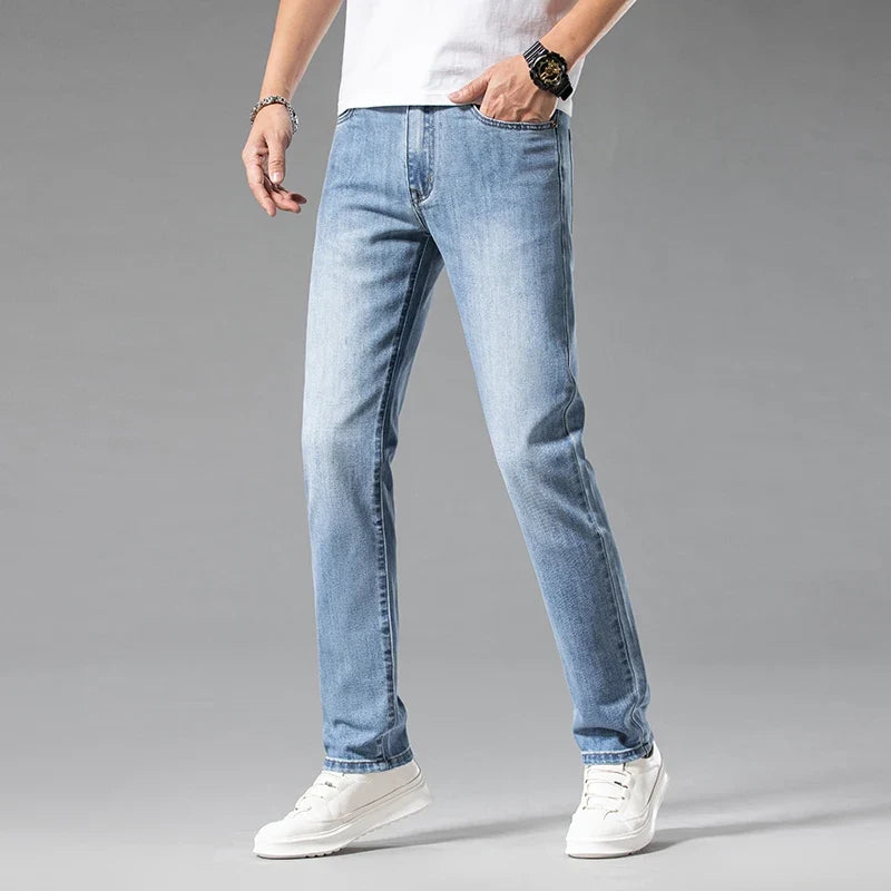High-quality denim men's modern fit stretch jeans, offering both style and comfortable flexibility.