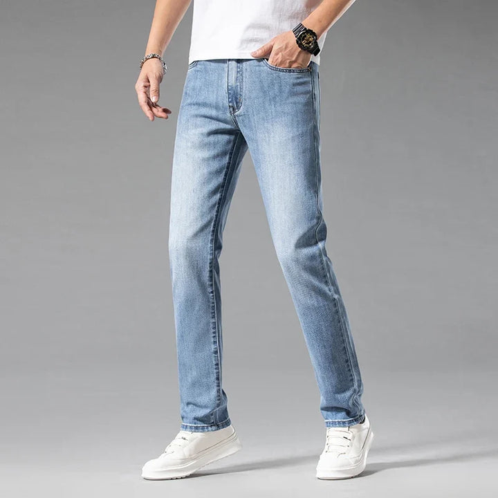 High-quality denim men's modern fit stretch jeans, offering both style and comfortable flexibility.