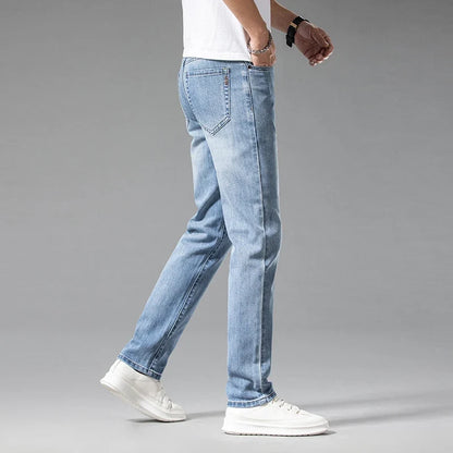 Versatile men's blue stretch denim jeans, modern fit, easily styled for various casual occasions.