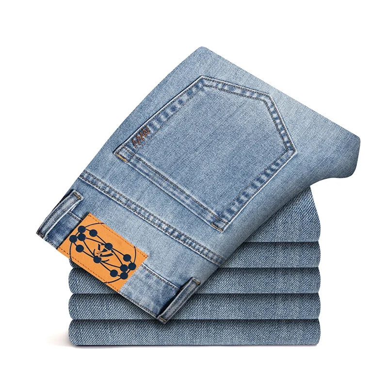 Dynamic view of men's stretch denim jeans, modern fit, showcasing flexibility for active lifestyles.