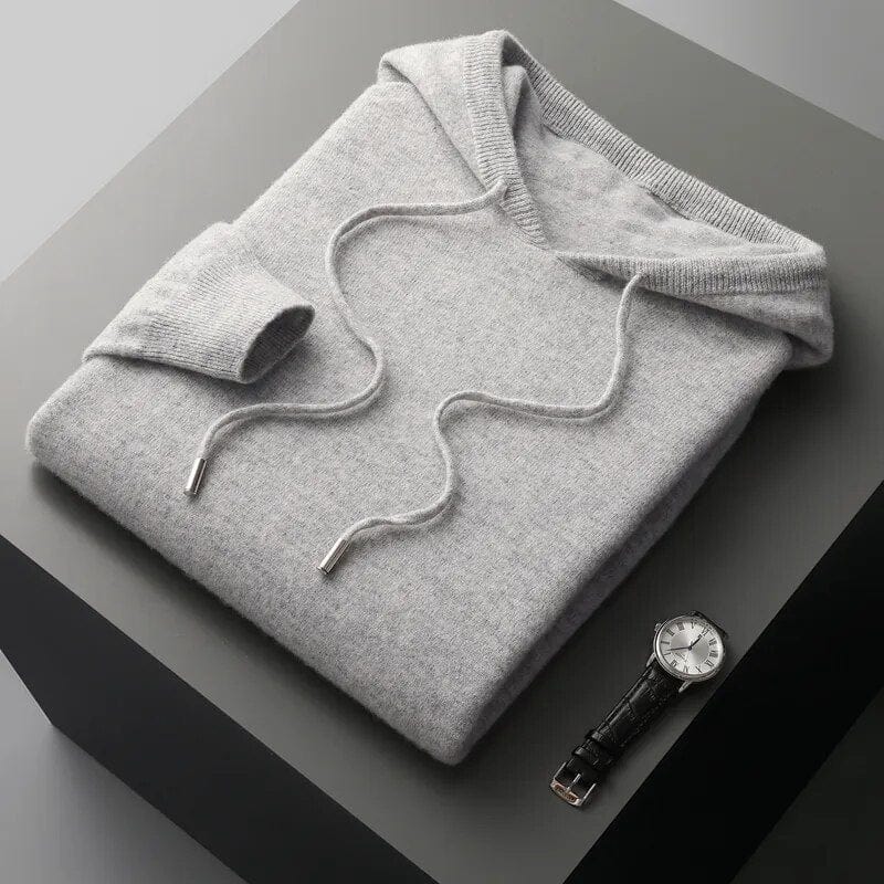 Warm men's casual hoodie sweater with a functional drawstring hood, essential for fall & winter layering.