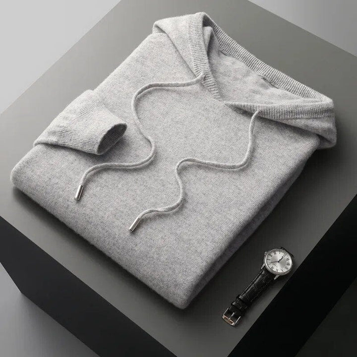Warm men's casual hoodie sweater with a functional drawstring hood, essential for fall & winter layering.