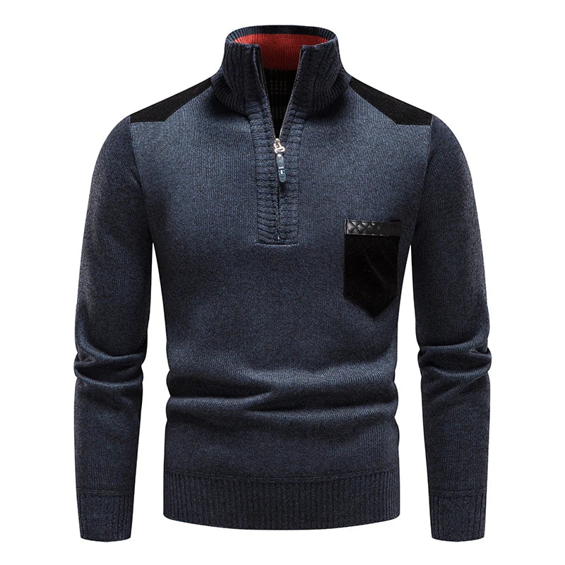 Front view of a men's stylish half-zip sweater with modern accents, great for layering.
