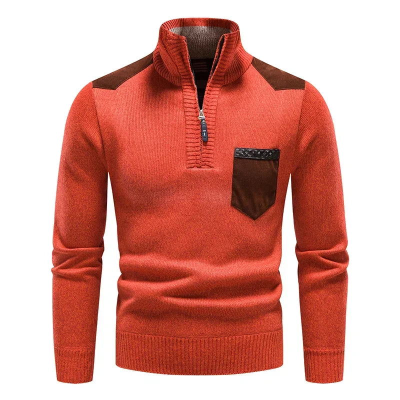 Close-up of a men's half-zip sweater collar & stylish zipper detail for modern fall looks.