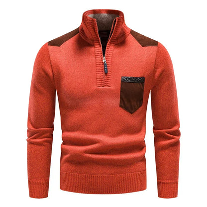 Close-up of a men's half-zip sweater collar & stylish zipper detail for modern fall looks.