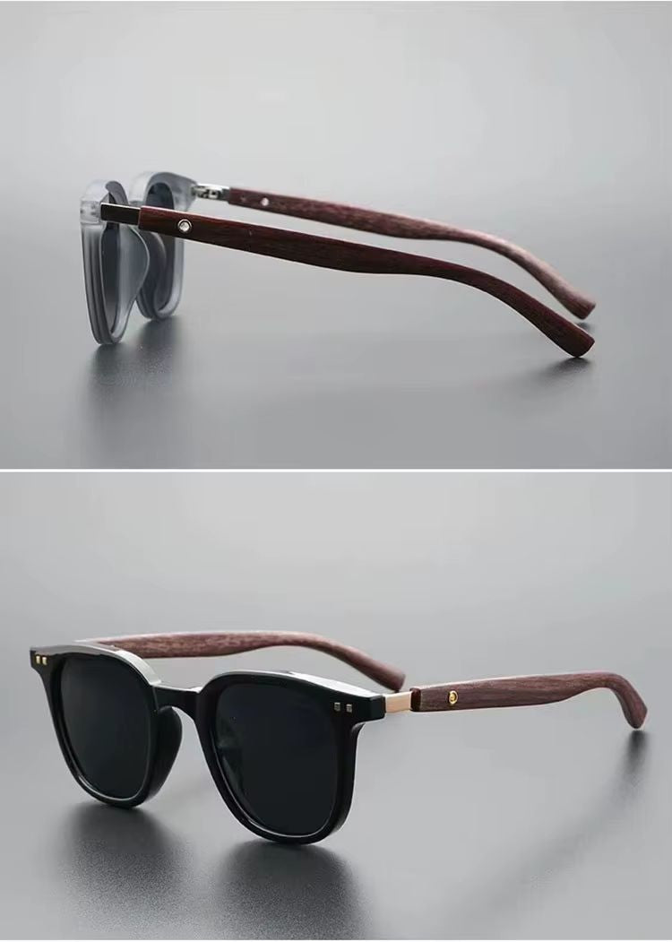 Fashionable men's wood-accent sunglasses in black & grey, ideal for modern style & eye protection. Classic eyewear accessory.