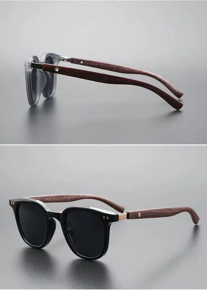 Fashionable men's wood-accent sunglasses in black & grey, ideal for modern style & eye protection. Classic eyewear accessory.