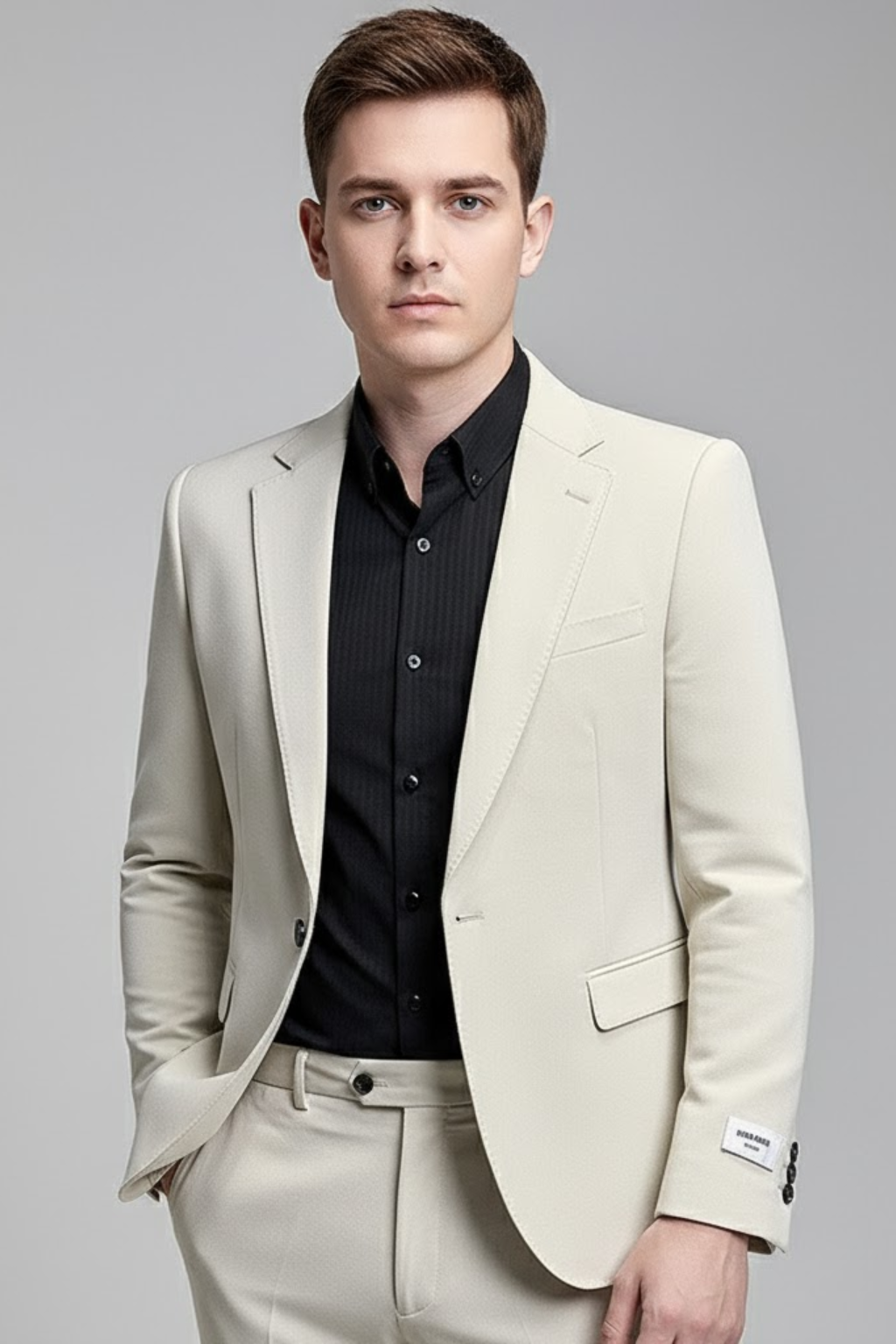Men's modern Korean style slim fit business suit in dark color, perfect for office or formal events.