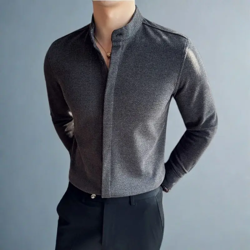 Men's modern mandarin collar button-up shirt, tailored fit. Long sleeve sophisticated men's fashion.