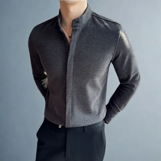 Men's modern mandarin collar button-up shirt, tailored fit. Long sleeve sophisticated men's fashion.