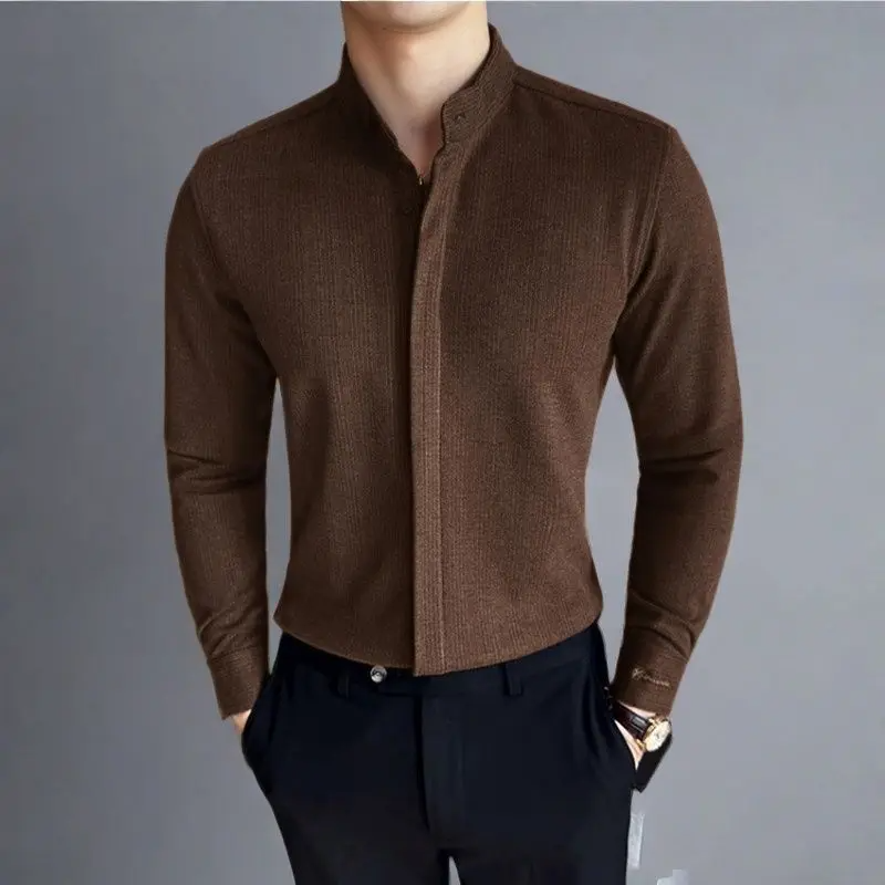 Coffee men's modern mandarin collar button-up shirt. Long sleeve, versatile for a sophisticated casual look.