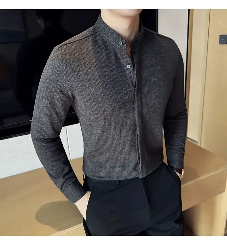 Grey men's modern mandarin button-up shirt, versatile for casual or dressy occasions. Long sleeve.