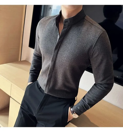 Off-white men's modern mandarin collar dress shirt. Tailored long sleeve button-up for men's fashion.