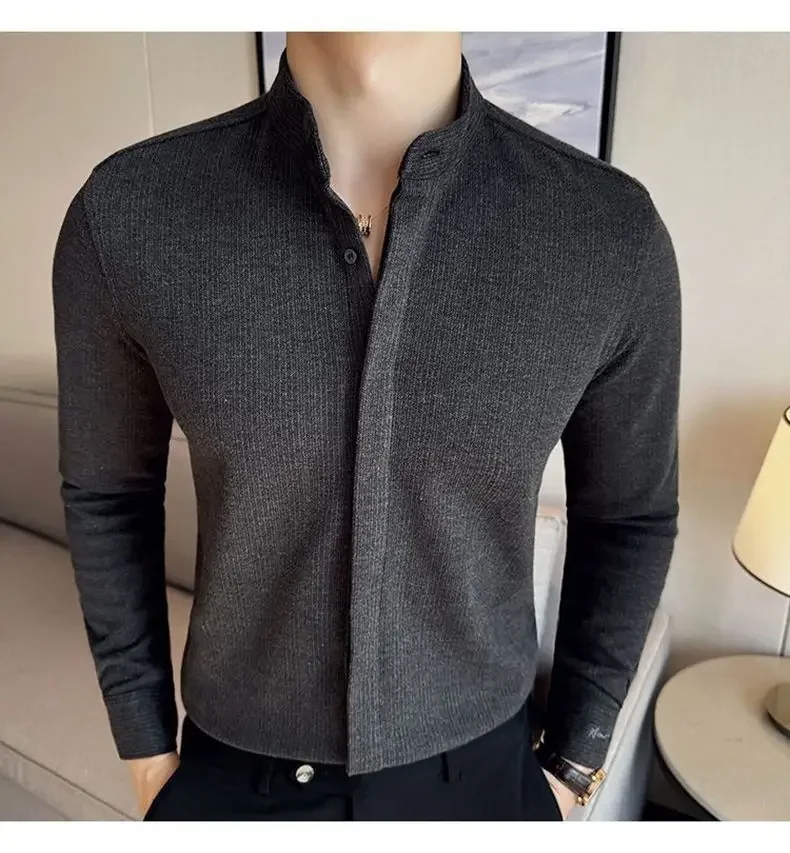 Casual black men's mandarin collar button-up shirt. Modern long sleeve design for versatile men's apparel.
