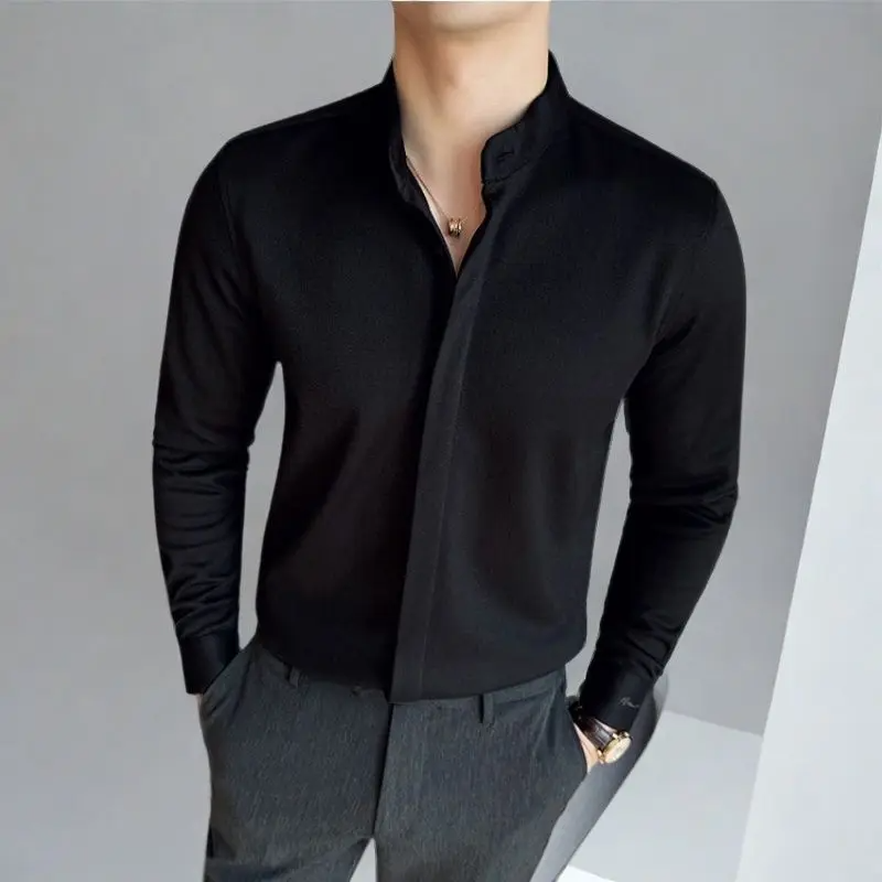 Men's long sleeve mandarin collar button-up shirt. Modern, versatile, tailored look for men's apparel.