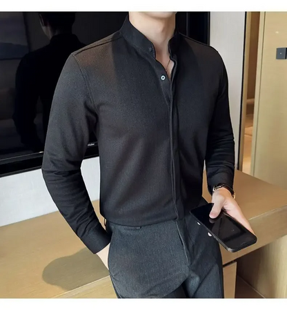 Modern men's tailored long sleeve mandarin collar button-up shirt. Perfect as a dress or casual shirt.