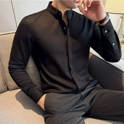 Men's modern mandarin collar long sleeve button-up shirt. Versatile colors for sophisticated men's fashion.