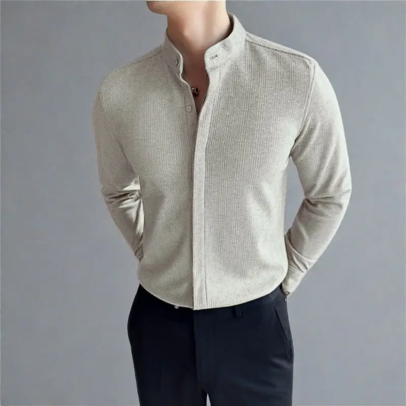 Black men's mandarin collar button-up dress shirt. Modern tailored long sleeve, ideal for formal or casual.