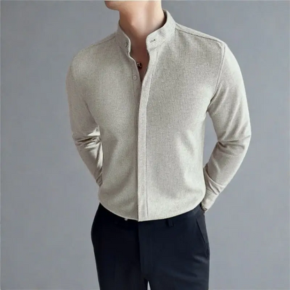 Black men's mandarin collar button-up dress shirt. Modern tailored long sleeve, ideal for formal or casual.