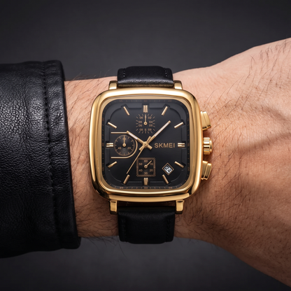 Men's modern minimalist quartz watch with a unique square dial.