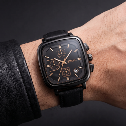Stylish silver men's water-resistant square dial quartz watch for daily use.