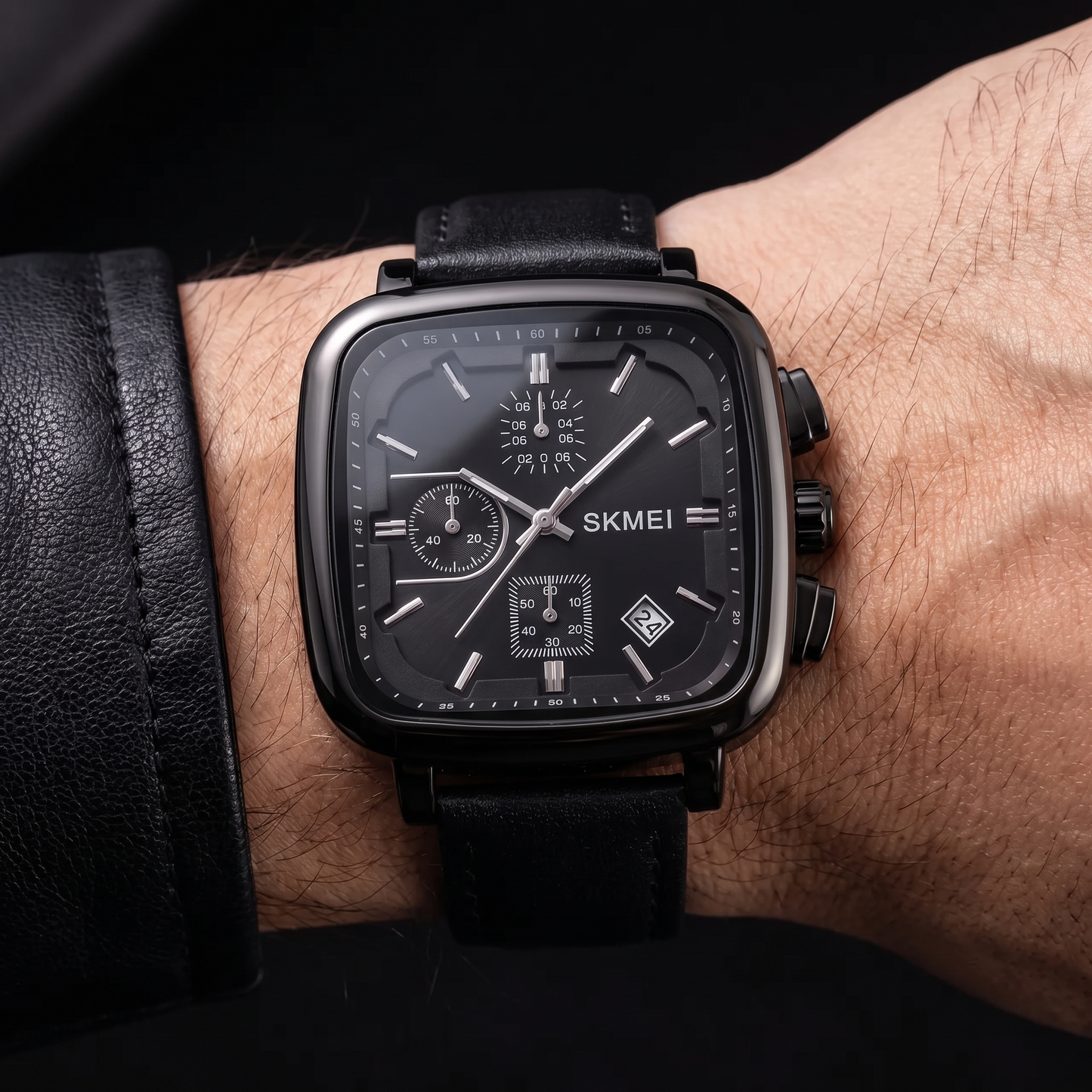 Sleek black minimalist square dial quartz watch for men, a contemporary timepiece.