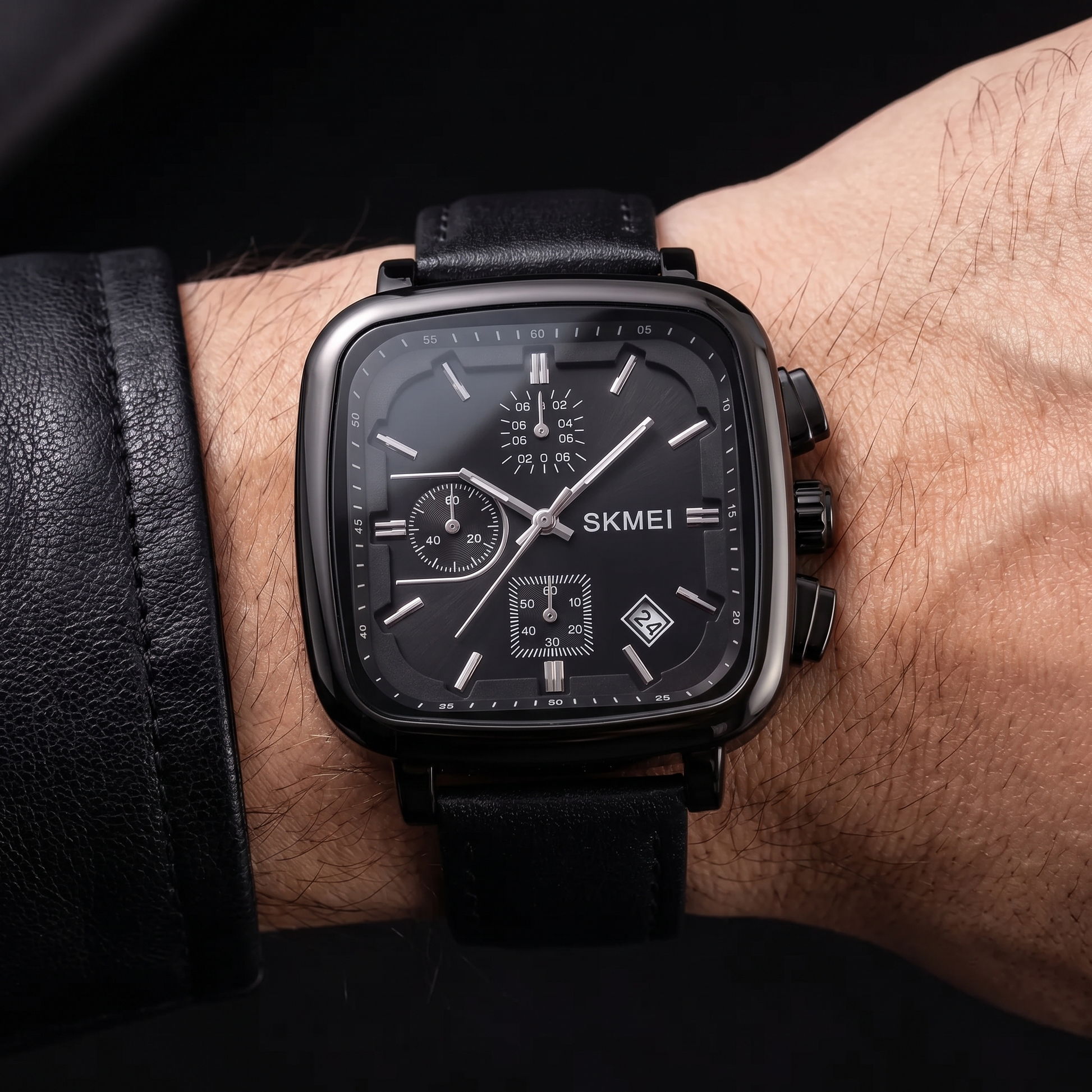 Sleek black minimalist square dial quartz watch for men, a contemporary timepiece.