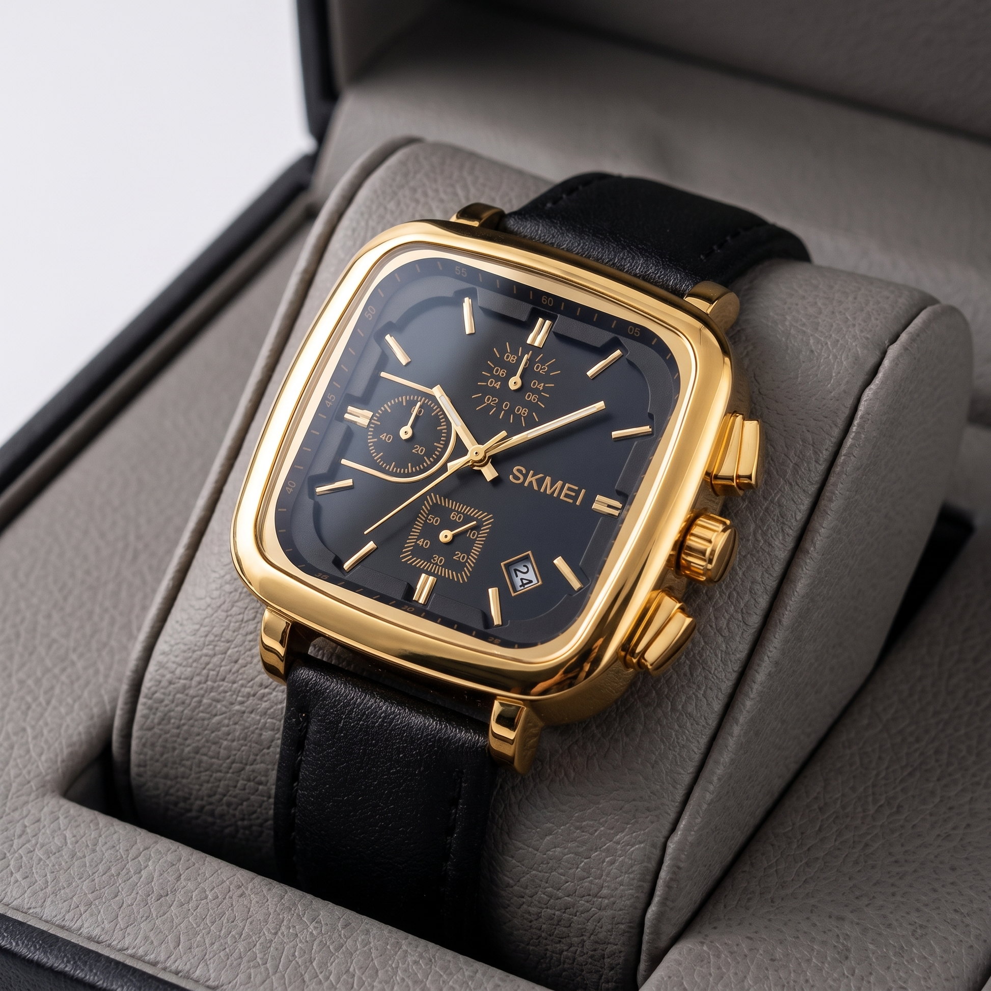 Modern water-resistant men's square dial quartz watch, minimalist design for everyday.