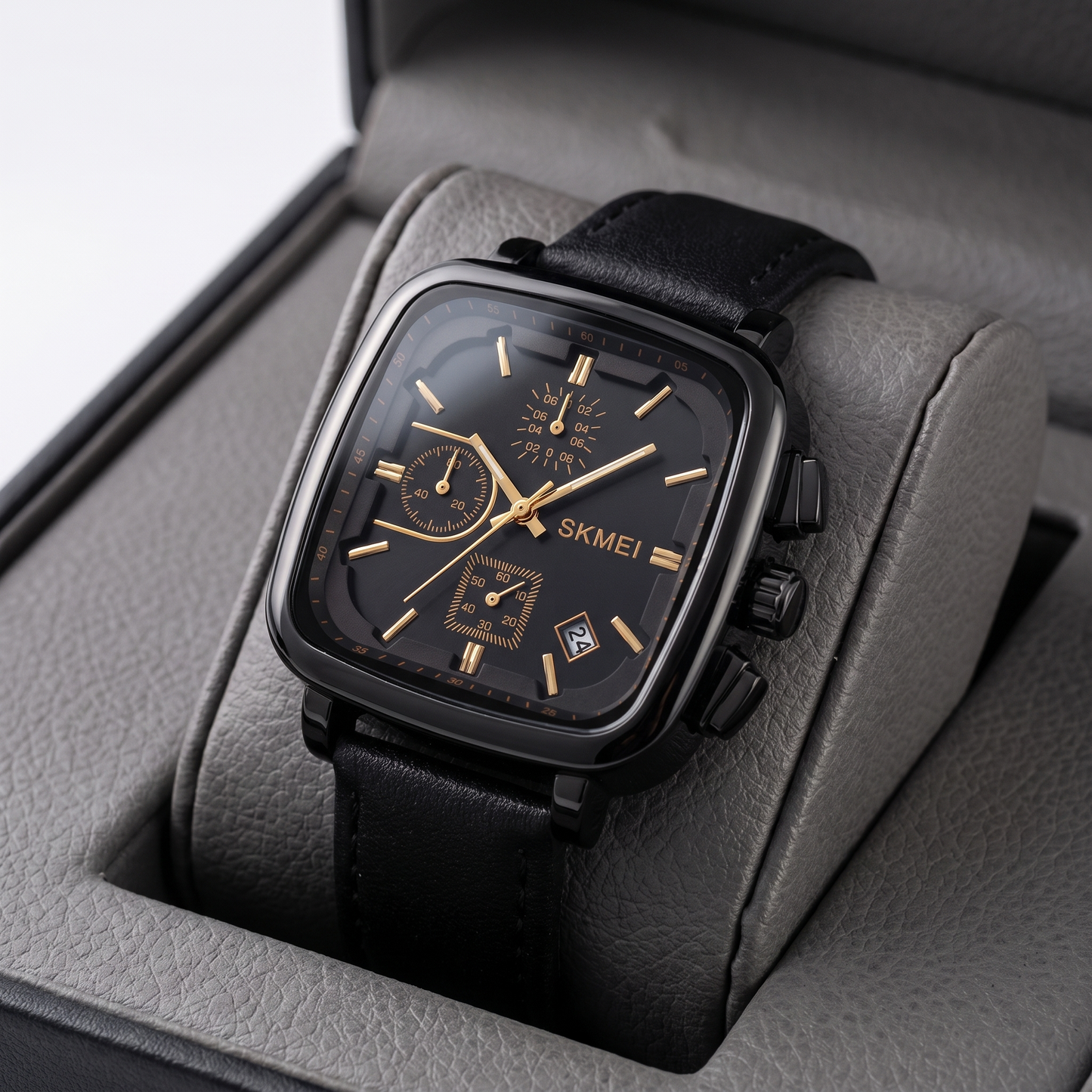 Men's modern square dial quartz watch in gold or silver finish, versatile & minimalist.