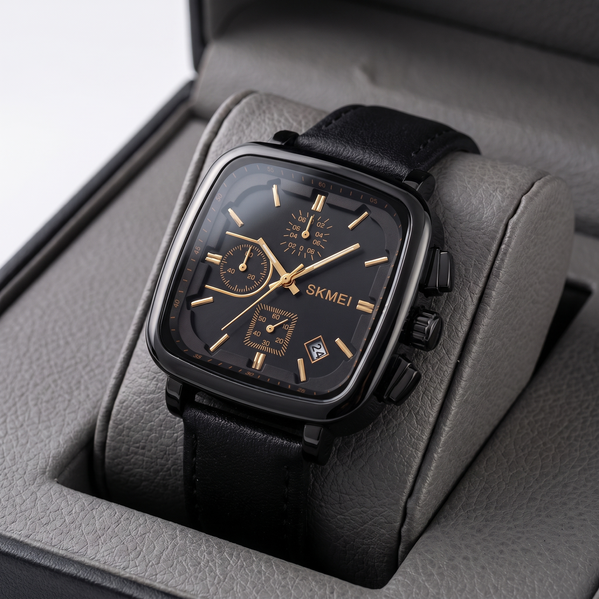 Men's modern square dial quartz watch in gold or silver finish, versatile & minimalist.