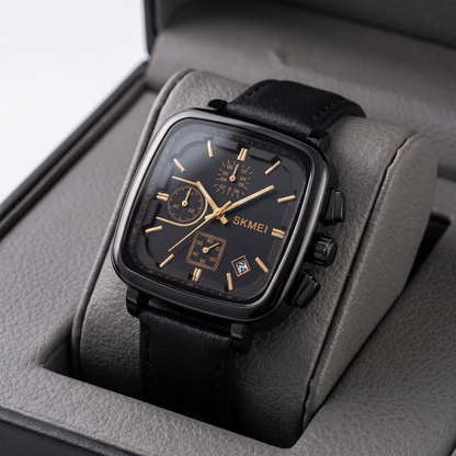 Men's modern square dial quartz watch in gold or silver finish, versatile & minimalist.