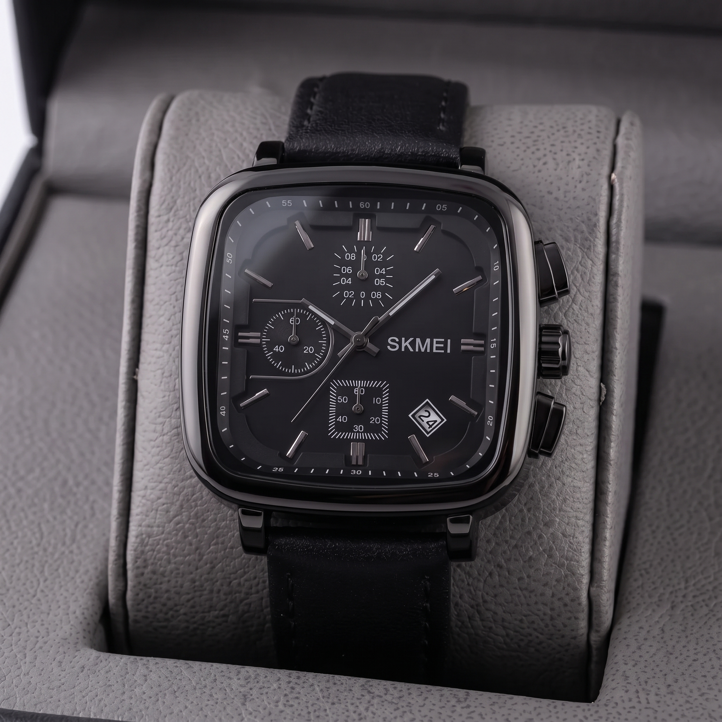 Precise men's quartz watch with a modern square dial, offering a sleek, contemporary look.