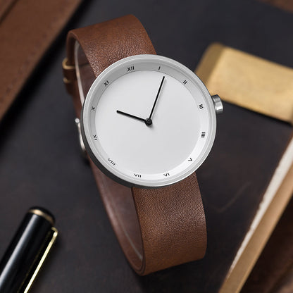 Men's modern minimalist watch with sleek black dial, silver case, and roman numerals.