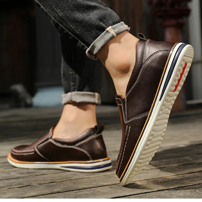 Smart-casual men's moc toe loafers, perfect dress shoes or casual footwear for modern versatile style.