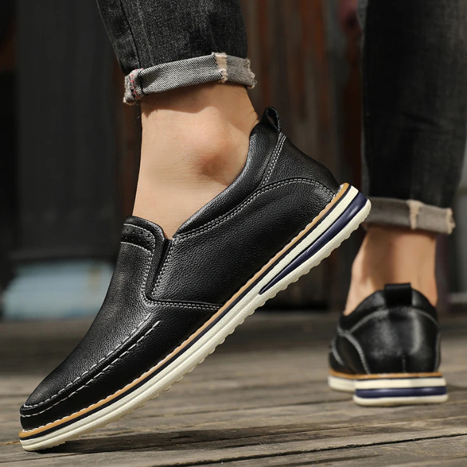 Men's moc toe loafers on a foot, showcasing a comfortable, versatile smart-casual slip-on shoe for daily wear.